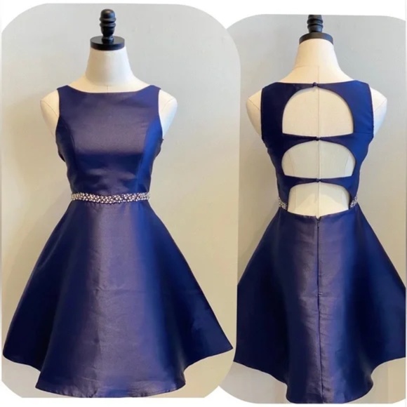 Minuet Petite Dresses & Skirts - Minuet Petite Navy Fit & Flare Crystal Waist and Open Back Satin Dress Size L